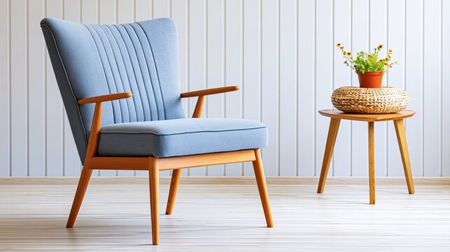 Mid-century modern armchair in soft blue fabric with wooden legs and side table with plant