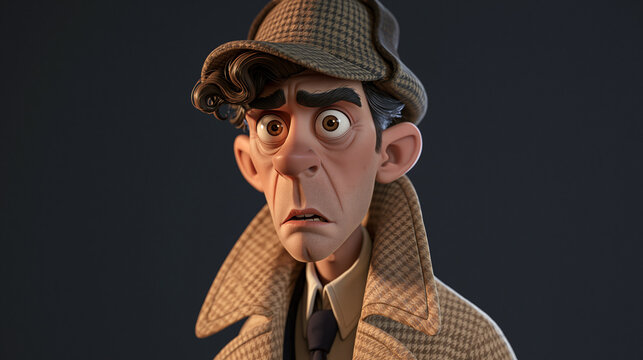 A stylized 3D render of a curious or shocked detective in a plaid trench coat and deerstalker hat with a wide-eyed expression against a dark background.