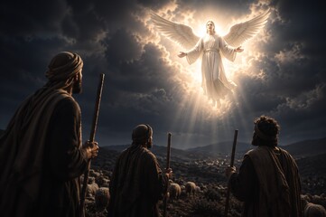 Fototapeta premium Bright angel appearing to shepherds in field at night. Christmas nativity story and announcement of Jesus birth. Biblical miracle and Christian faith concept