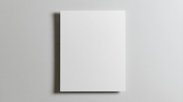 A clean 3D render mockup of a vertical blank white paper sheet or card with soft shadows on a neutral light grey background, ideal for design presentations.