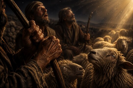 Shepherd men with sheep gazing at bright heavenly light at night. Angel appearing to shepherds biblical Christmas nativity scene. Miracle revelation and faith concept