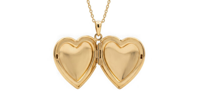 Open gold heart locket necklace isolated on transparent background