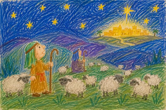 Two shepherd looking at bright Star of Bethlehem shining over town at night with flock of sheep. Christmas nativity scene
