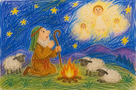 Childlike crayon drawing of old shepherd with sheep kneeling by campfire gazing at glowing angels in starry night sky. Biblical Christmas nativity story and announcement of birth of Jesus Christ