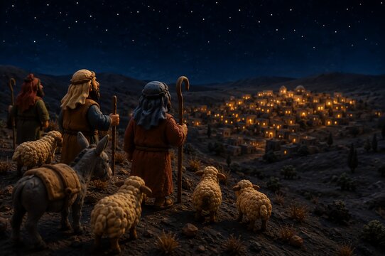 Three shepherd with sheep and donkey on hill overlooking illuminated Bethlehem under starry night sky. Christmas nativity story and birth of Jesus concept for holiday celebration