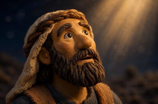 Amazed shepherd man looking up at divine light from heaven at night. Appearance of angel to shepherds on Christmas. Biblical nativity miracle and Christian faith concept