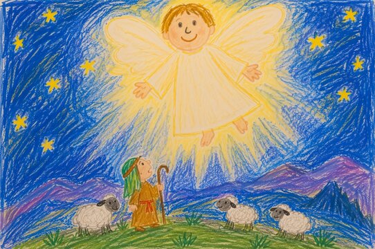 Glowing angel appearing to shepherd with sheep in field at starry night. Christmas nativity story of good news and birth of