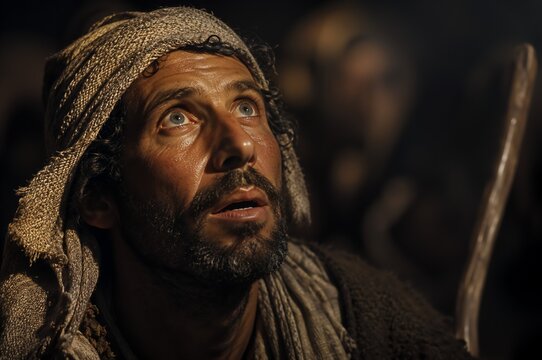 Amazed shepherd man looking up at bright light of angel appearing on Christmas night. Biblical nativity scene and announcement of Jesus birth. Christian faith and gospel miracle concept