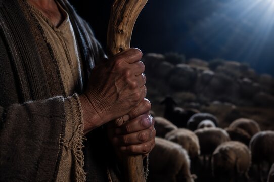 Closeup of man shepherd holding wooden staff guarding flock of sheep at night under heavenly light. Annunciation to shepherds biblical scene. Christmas nativity story and christian faith concept