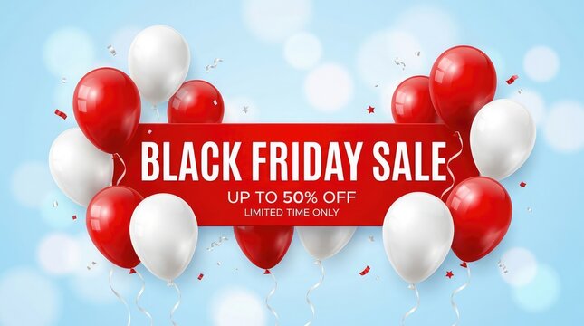 Festive black friday sale advertisement with red balloons and confetti background