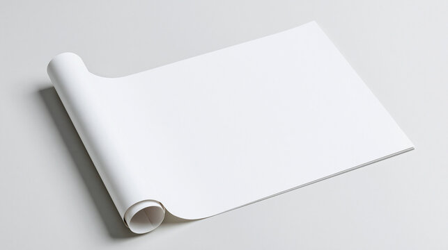 A clean 3D render mockup of a partially rolled blank white paper sheet on a neutral grey background, ideal for design presentations and creative projects.