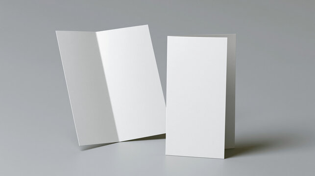 A clean 3D render mockup of two vertical folded blank white brochures or leaflets on a neutral light grey background, ideal for corporate branding presentations.