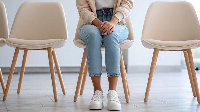 Person sitting in a waiting room chair, anticipating an appointment or interview, conveying patience and expectation