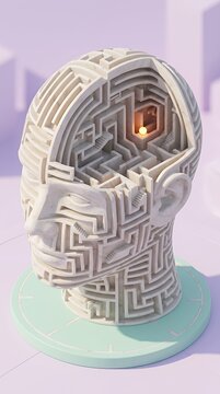 3D maze sculpted into human head with glowing center.