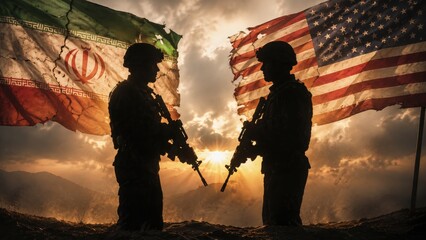 Naklejka premium Silhouettes of soldiers standing against tattered flags of Iran and the United States at sunset.