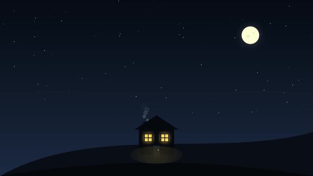 House Silhouette with Chimney Smoke Under a Bright Full Moon at Night