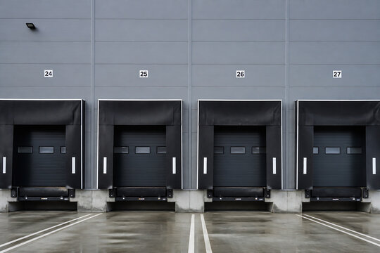 Four industrial loading docks with numbered bays 24 through 27 are visible in a modern warehouse setting.