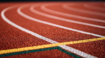 Naklejka premium Close-up perspective of a vibrant red athletic running track with white and yellow lane lines