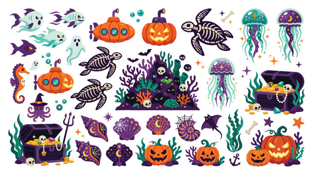 Halloween nautical pattern set with pumpkin submarine and sea ghost