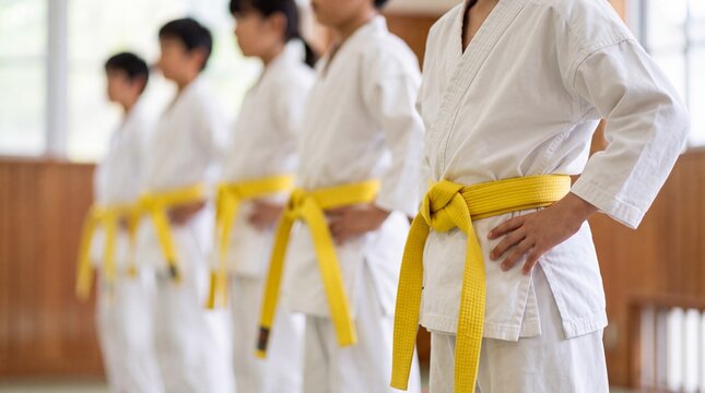 Children wearing white martial arts uniforms standing in a row with yellow belt ranks with bright wooden martial standing line each group children self defense with determination