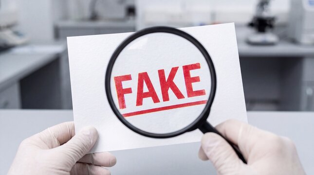 Scientist examining red fake text through magnifying glass inside professional laboratory setting for quality control with gloves holding magnifying person wearing latex