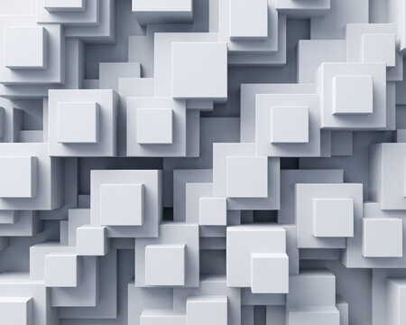 Abstract modern 3D white geometric cubic blocks wall relief