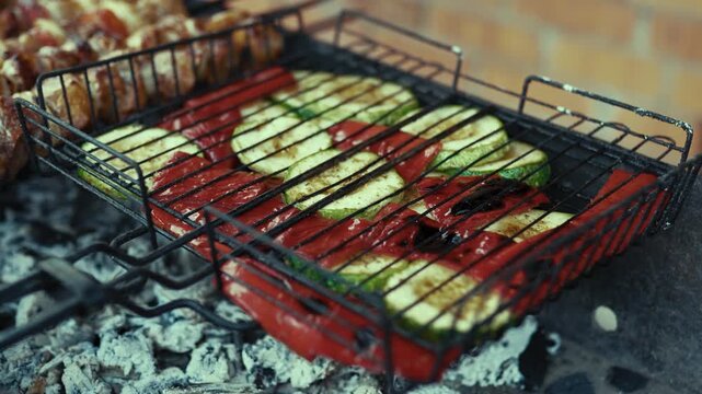 Zucchini, eggplant slices, and skewered meat roasting over open fire coals