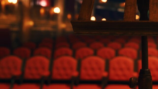 Red chairs fill the theater space while a wooden easel stands in the foreground. The venue is ready for an event as lights dim. The atmosphere is focused on the stage.
