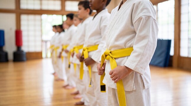 Young students wearing white uniforms and yellow belts standing in a disciplined line inside a gymnasium with group young children martial arts line dojo concentration