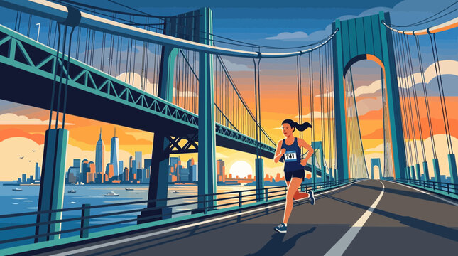 A determined marathon runner crosses the iconic Verrazzano-Narrows Bridge, symbolizing the start of a world-class race in a vibrant city. 