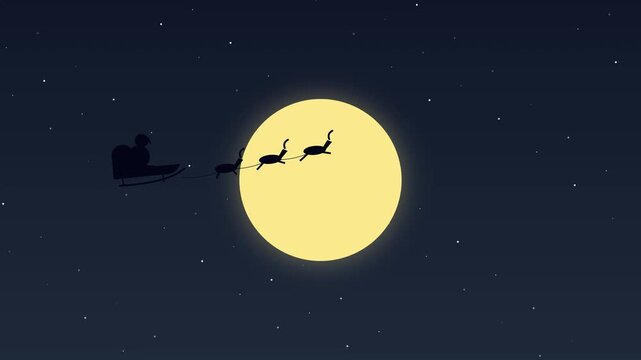 Santa Claus in Sleigh Flying Past Full Moon in Night Sky