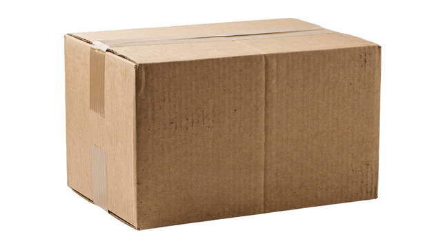Cardboard box sealed with tape isolated on transparent background, blank brown shipping package mockup for delivery