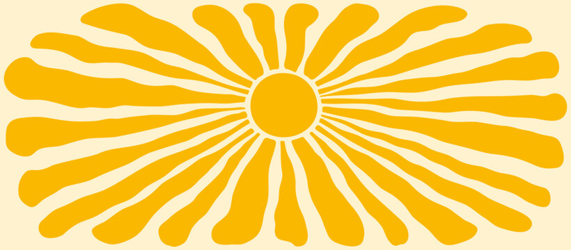  sun pattern, retro summer background. Abstract yellow ray, texture. Light burst vintage shape, psychedelic beam poster. Cartoon cute doodle wave bg. Comic vector illustration