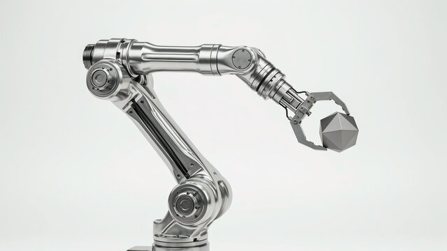 Advanced robotic arm with articulated joints holding a geometric object against transparent background