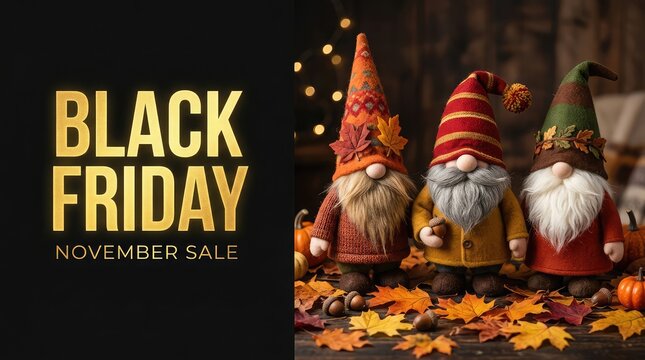 Black friday sale announcement with festive gnomes and autumn seasonal decorations