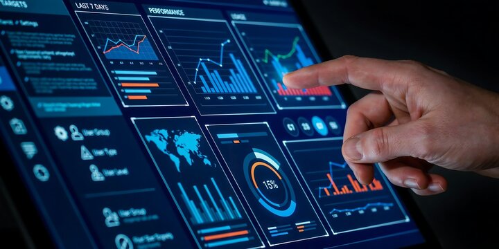 Man hand interacting with complex digital system dashboard showing fifteen percent progress dial and colorful analytical graphs for performance analysis.
