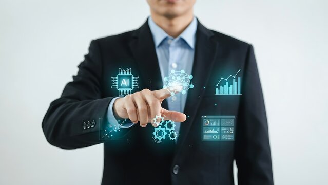 Executive hand touching futuristic digital ai interface showing neural network processing artificial intelligence chip and data analytics charts for automation design.