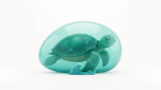 Cute transparent green turtle sculpture inside a clear protective dome shaped like an egg
