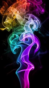 Swirling rainbow smoke rising against black background. Vertical video with tilting camera movement.