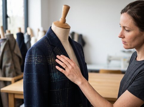 Female fashion designer touching a navy blue wool jacket with gold and turquoise pinstripe threads on a wooden mannequin in her atelier workshop.