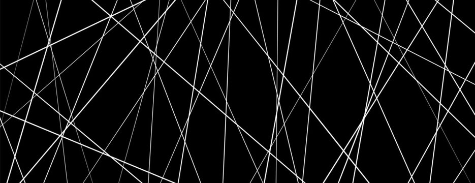 Straight chaotic random lines background. Intersecting white lines on a black background