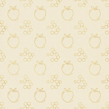 Seamless pattern with golden apple and honeycomb line art on a light beige textured background for Rosh Hashanah Jewish New Year celebrations and autumn harvest themes.