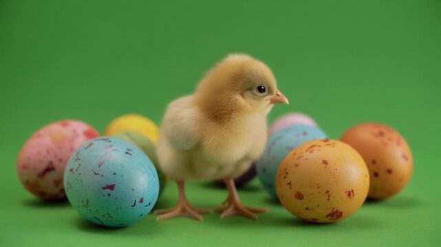 Adorable yellow chick standing among colorful easter eggs