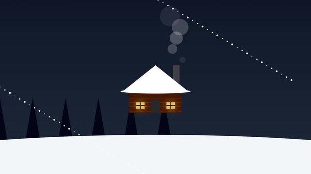 Cabin in Snowy Forest at Night with Falling Snow Animation