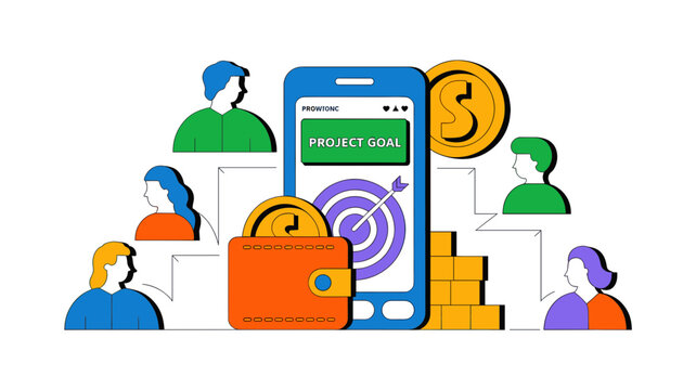 Crowdfunding project goal vector illustration, mobile donation app concept, online fundraising campaign with wallet and contributors