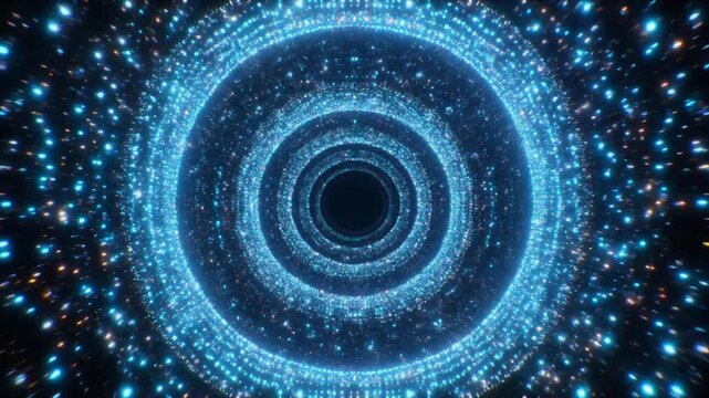 Glittering golden particles flying through hyperspace tunnel