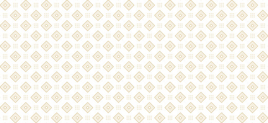 Fototapeta premium Seamless pattern with gold diamond outlines and small dot clusters on a clean white background surface
