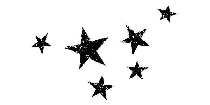 Star grunge icon, black chalk texture stamp. Rough retro star set, paint brush punk doodle shape. Crayon rock burst silhouette isolated on white background. Simple artistic pencil vector illustration
