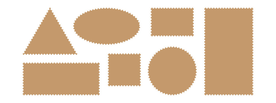 Stamp frame, postcard shape icon. Postage boarder scallop edge, vintage paper label. Old sticker round, square and triangle wave texture. Retro gold badge isolated on white bg. Vector illustration