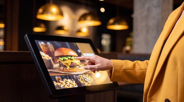 Person using digital self service kiosk selecting gourmet cheeseburger menu option inside modern restaurant setting with select cheeseburger order blazer using touchscreen